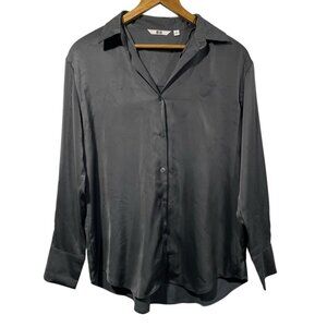 Uniqlo Womens Satin Button Up Blouse Charcoal Gray Sz S Oversized Work Office